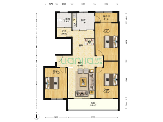 丽景花园南区 3室1厅1卫 147平方