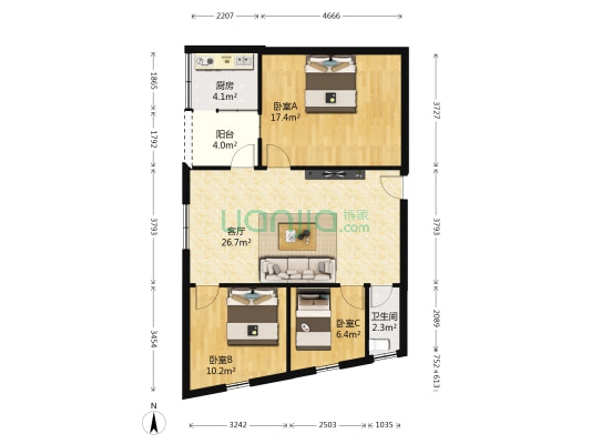 北桥路 3室1厅1卫 87平方