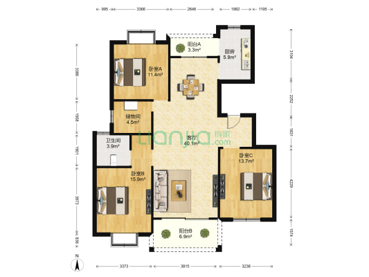 红谷世纪花园A区 3室1厅1卫 135平方