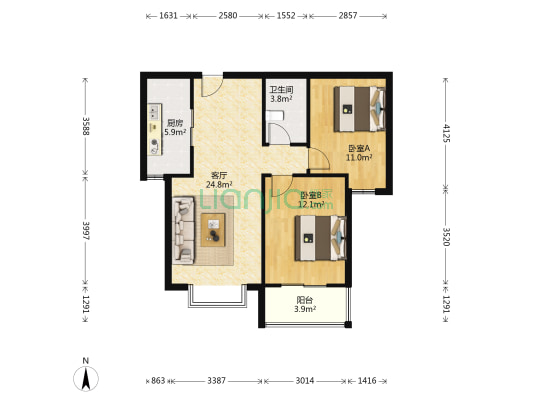 名流美域 2室1厅 南-户型图