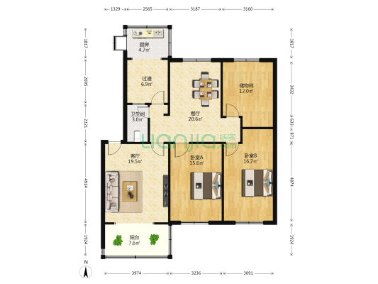 桃园村一区 2室2厅1卫 121平方