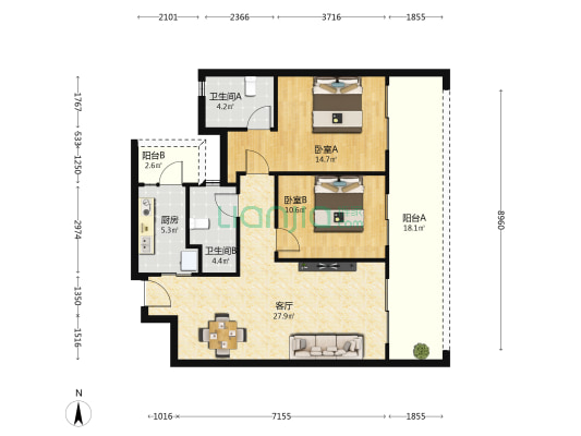 海棠中央 2室1厅2卫 97平方