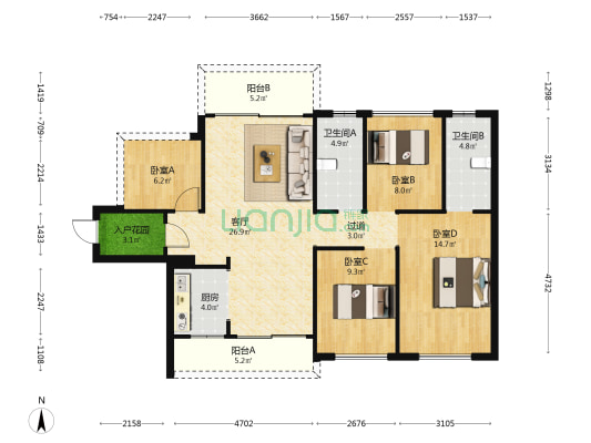 中达聚龙庭 4室1厅2卫 108平方