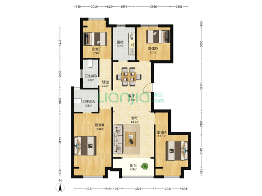 华润置地中心紫园 4室2厅2卫 128平方