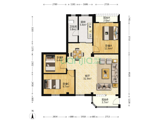龙井村 3室1厅1卫 93平方