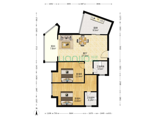尚品国际 2室1厅2卫 93平方