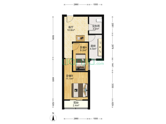 万达广场盛景苑 2室1厅1卫 53平方