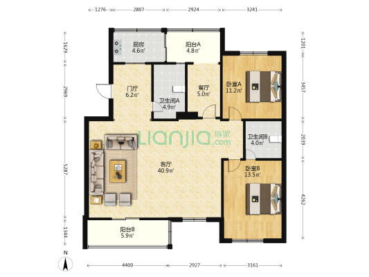 亚太世纪花园 2室2厅2卫 124平方