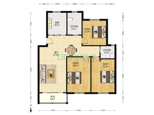 广益佳苑323-340 3室1厅2卫 125平方
