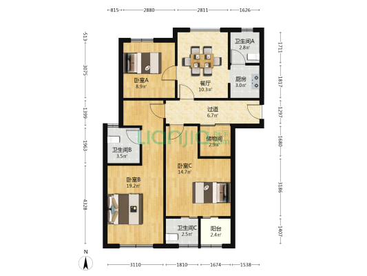 宜浩欧景 3室1厅3卫 98平方
