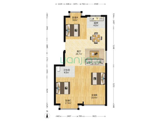 兴湖路 3室1厅1卫 95平方