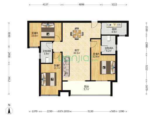 美的国宾府 3室1厅2卫 114平方