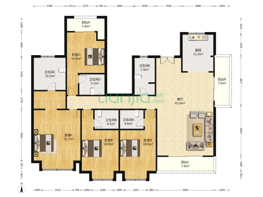 绿城东方玉园 4室1厅5卫 204平方