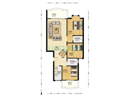 嘉福楼 3室1厅2卫 95平方
