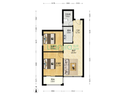 美舍公馆 2室1厅1卫 73平方