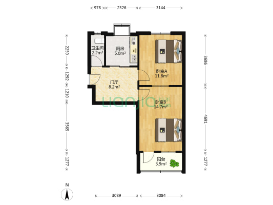 區政府宿舍 2室0厅1卫 55平方