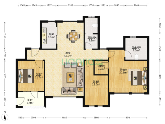 宏泰龙邸 3室1厅2卫 157平方