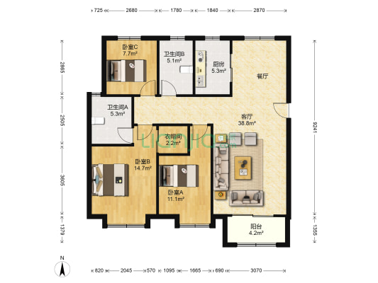 百步亭中国MALL 3室1厅2卫 125平方