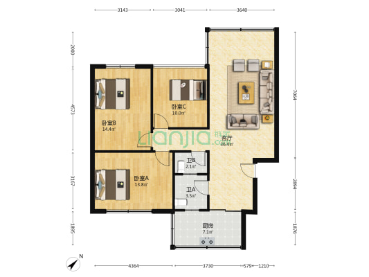 方亭家苑 3室1厅2卫 87平方