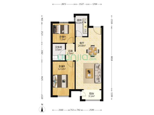 孔雀城剑桥郡福和园 2室1厅1卫 82平方