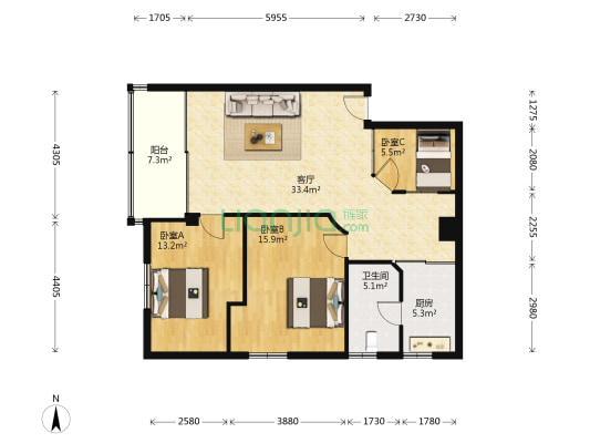 建发大厦 3室1厅1卫 108平方
