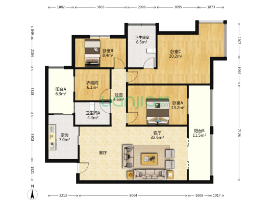 滨江俊园一期 3室1厅2卫 129平方