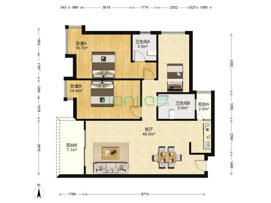 金輝新苑 2室1厅2卫 119平方