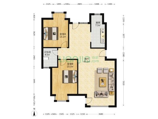 东山庭院 2室1厅1卫 114平方