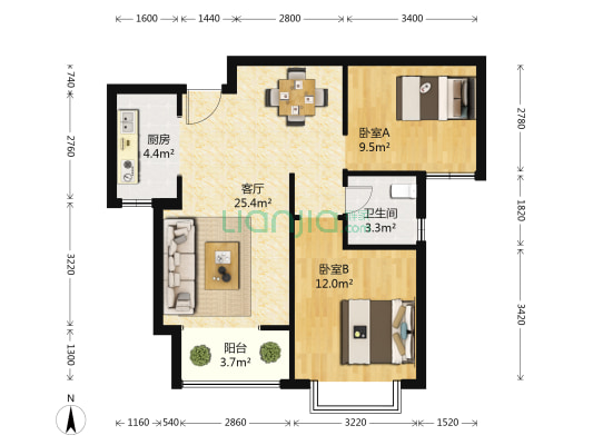 北三里南区 2室1厅1卫 91平方