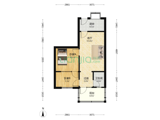 政通路2号院 2室1厅1卫 52平方