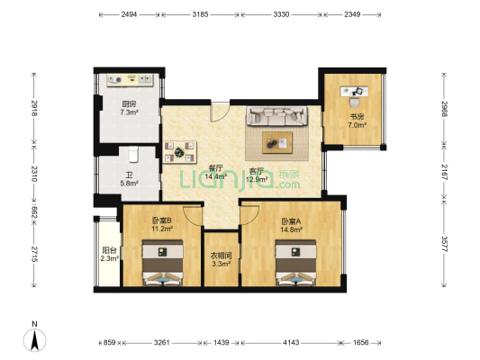 风格城事 3室2厅1卫 89平方