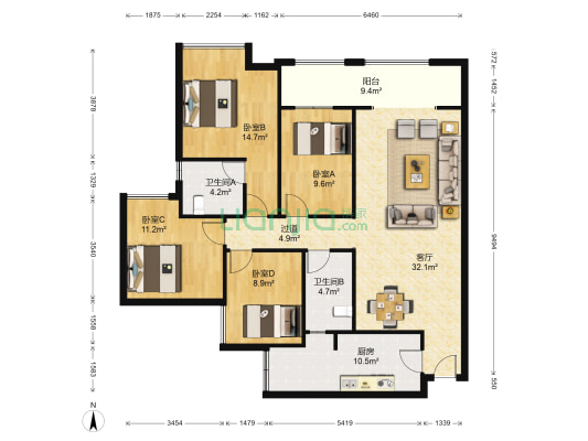 溯园 4室1厅2卫 136平方