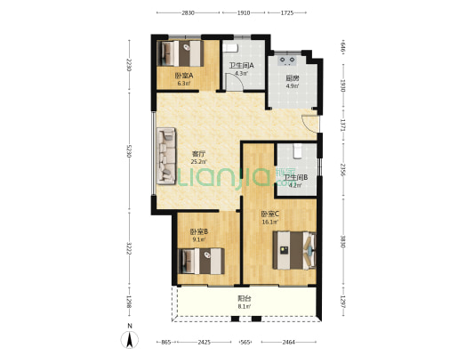 尚都汇B区 3室1厅2卫 107平方