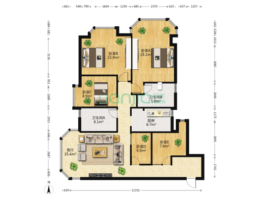 华夏大厦 5室1厅2卫 160平方