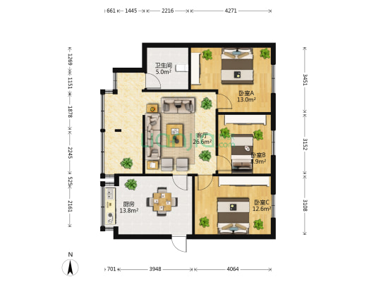 省委5号院 3室1厅1卫 68平方