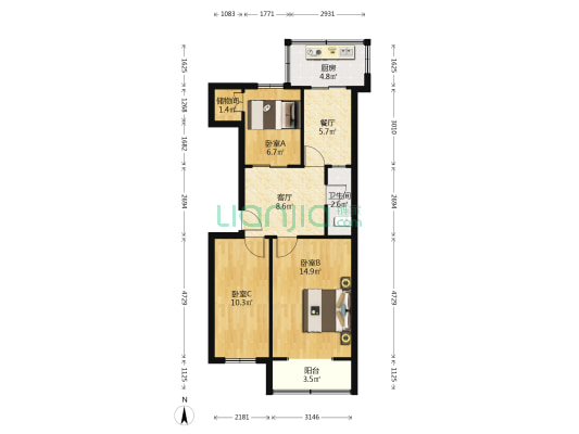 陕西省电子产品监督检验所家属院 3室2厅1卫 67平方
