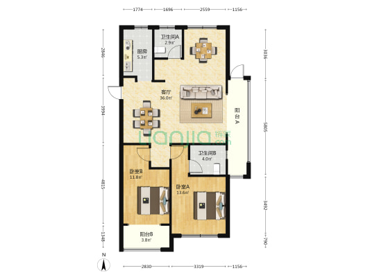 顺福雅苑二区 2室1厅2卫 111平方