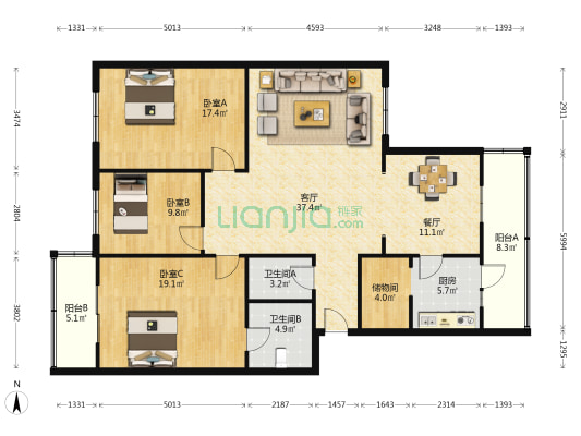 老政府家属院 3室2厅2卫 140平方