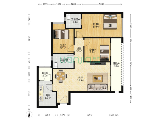 绿地万萃城R5组团 3室1厅2卫 107平方