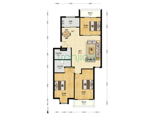 天和城 3室1厅2卫 125平方