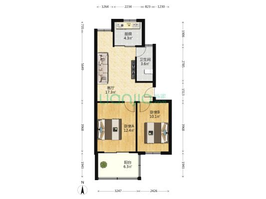 上古街 2室1厅1卫 64平方