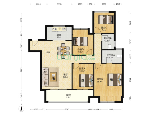 景瑞熙棠里北区 4室1厅2卫 142平方