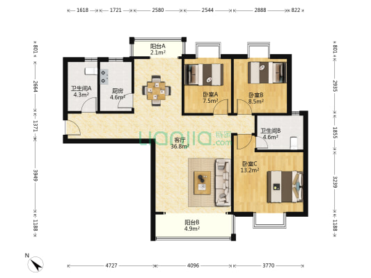 崇新苑 3室1厅2卫 110平方