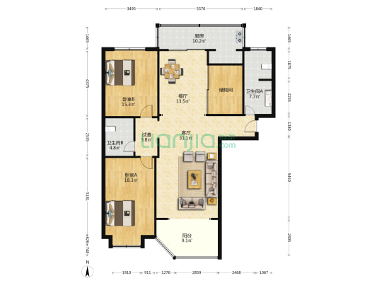 中海景苑 2室2厅2卫 144平方