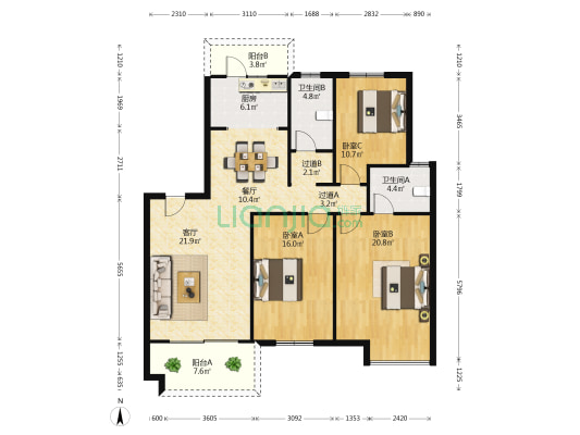 名湖人家 3室2厅2卫 123平方