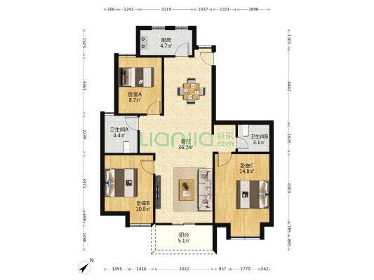天福江南 3室1厅2卫 112平方