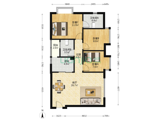 天晖阁 3室1厅2卫 100平方