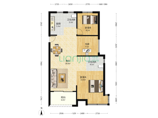 天璞湾花苑 3室1厅2卫 107平方