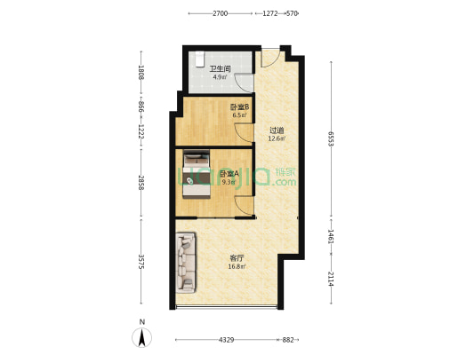 开利星空城市公馆 2室1厅1卫 84平方