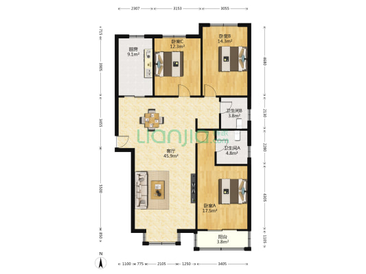 东高国际花园 3室1厅2卫 151平方